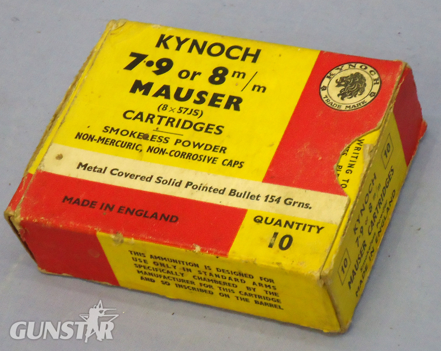Mauser INERT DEACTIVATED. British Original 10 Round Carton Of Kynoch 7.9 of 8m/m Mauser (8x57JS) Solid Pointed Cartridges. (Contains 9 Cartridges). Sn - 20942:8  Other Ammunition in 