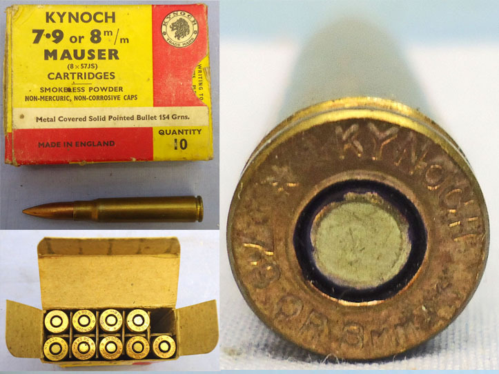 Mauser INERT DEACTIVATED. British Original 10 Round Carton Of Kynoch 7.9 of 8m/m Mauser (8x57JS) Solid Pointed Cartridges. (Contains 9 Cartridges). Sn - 20942:8  Other Ammunition