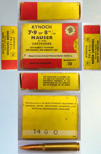  Mauser INERT DEACTIVATED. British Original 10 Round Carton Of Kynoch 7.9 of 8m/m Mauser (8x57JS) Solid Pointed Cartridges. (Contains 9 Cartridges). Sn - 20942:8  Other Ammunition