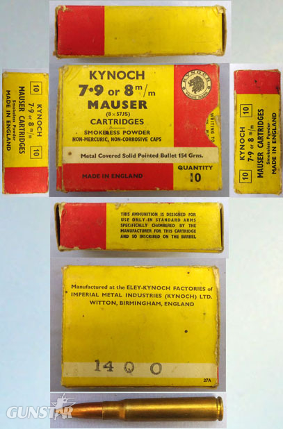  Mauser INERT DEACTIVATED. British Original 10 Round Carton Of Kynoch 7.9 of 8m/m Mauser (8x57JS) Solid Pointed Cartridges. (Contains 9 Cartridges). Sn - 20942:8  Other Ammunition