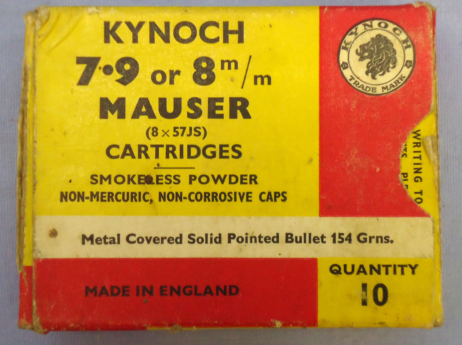 Mauser INERT DEACTIVATED. British Original 10 Round Carton Of Kynoch 7.9 of 8m/m Mauser (8x57JS) Solid Pointed Cartridges. (Contains 9 Cartridges). Sn - 20942:8  Other Ammunition - {CATEGORY} in 