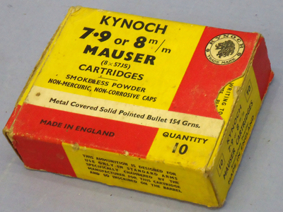 Mauser INERT DEACTIVATED. British Original 10 Round Carton Of Kynoch 7.9 of 8m/m Mauser (8x57JS) Solid Pointed Cartridges. (Contains 9 Cartridges). Sn - 20942:8  Other