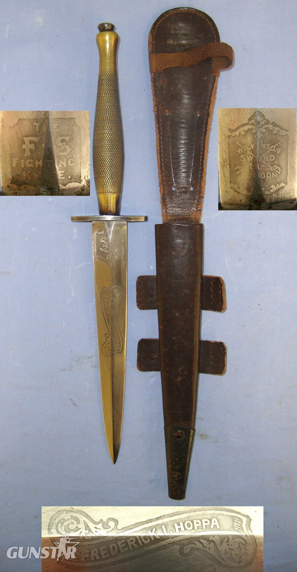 RARE**WW2 American Or Canadian Soldier’s Private Purchase 2nd Pattern Fairbairn Sykes FS Fighting Knife By Wilkinson Sword With Double Etched & Blued Panels & Banner To ‘Frederick I. Hoppa’ & Scabbard. Sn 21861 Knive in 