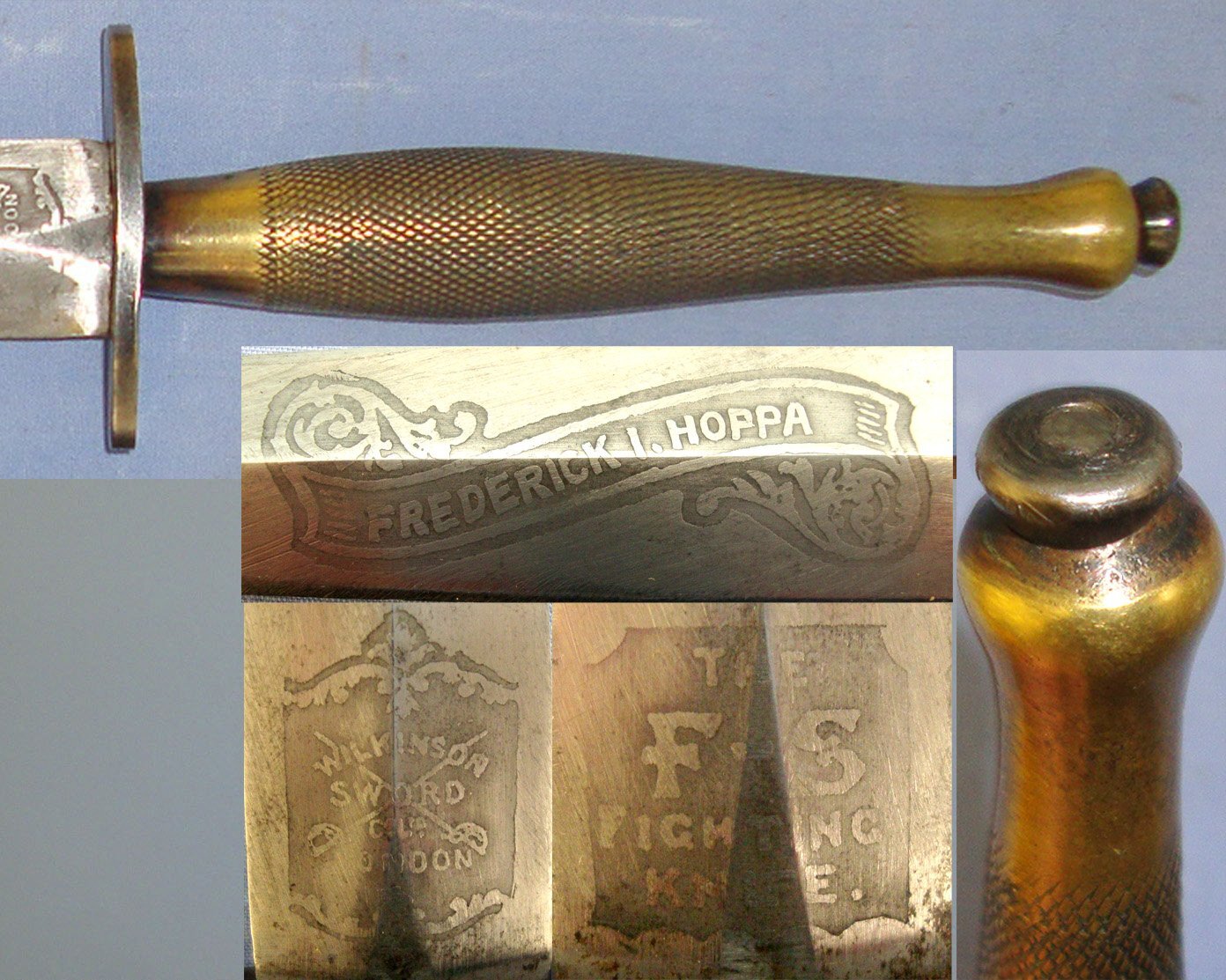 RARE**WW2 American Or Canadian Soldier’s Private Purchase 2nd Pattern Fairbairn Sykes FS Fighting Knife By Wilkinson Sword With Double Etched & Blued Panels & Banner To ‘Frederick I. Hoppa’ & Scabbard. Sn 21861 Knive