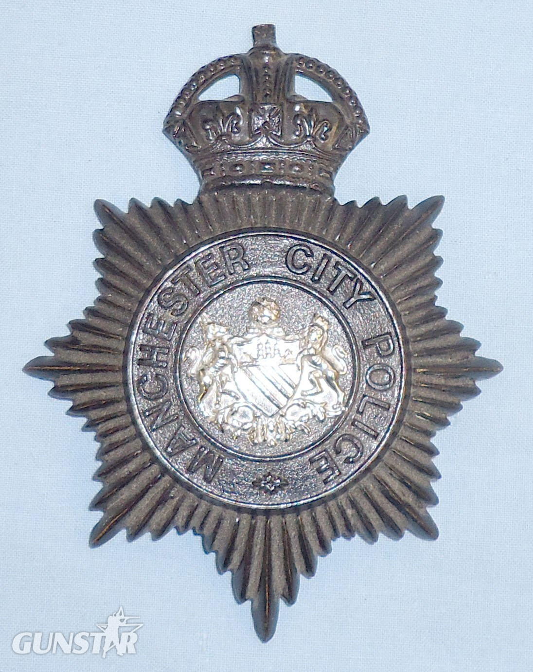 Kings Crown Manchester City Police Blackened Two Piece Helmet Plate. POL 388. Kings Crown Manchester City Police Blackened Two Piece Helmet Plate. POL 388.  Antique & Militaria in 