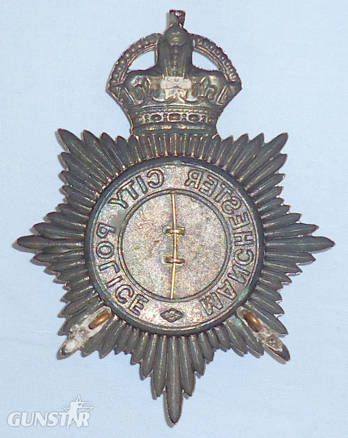  Kings Crown Manchester City Police Blackened Two Piece Helmet Plate. POL 388. Kings Crown Manchester City Police Blackened Two Piece Helmet Plate. POL 388.  Antique & Militaria
