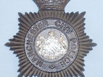 Kings Crown Manchester City Police Blackened Two Piece Helmet Plate. POL 388. Kings Crown Manchester City Police Blackened Two Piece Helmet Plate. POL 388.  Antique & Militaria