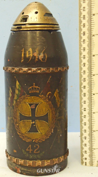 INERT DEACTIVATED. WW1 Rare, German, 1916 dated Trench Art 8cm Skoda Shrapnel Projectile. - O 1828 INERT DEACTIVATED. WW1 Rare, German, 1916 dated Trench Art 8cm Skoda Shrapnel Projectile. - O 1828  Other Ammunition in 