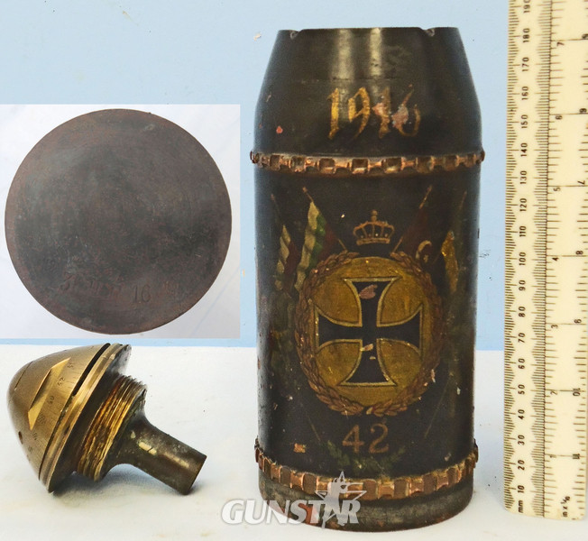  INERT DEACTIVATED. WW1 Rare, German, 1916 dated Trench Art 8cm Skoda Shrapnel Projectile. - O 1828 INERT DEACTIVATED. WW1 Rare, German, 1916 dated Trench Art 8cm Skoda Shrapnel Projectile. - O 1828  Other Ammunition