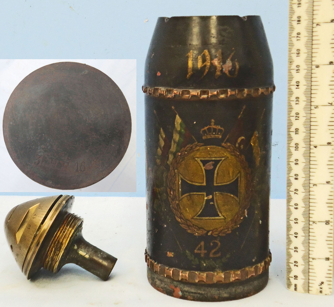  INERT DEACTIVATED. WW1 Rare, German, 1916 dated Trench Art 8cm Skoda Shrapnel Projectile. - O 1828 INERT DEACTIVATED. WW1 Rare, German, 1916 dated Trench Art 8cm Skoda Shrapnel Projectile. - O 1828  Other Ammunition