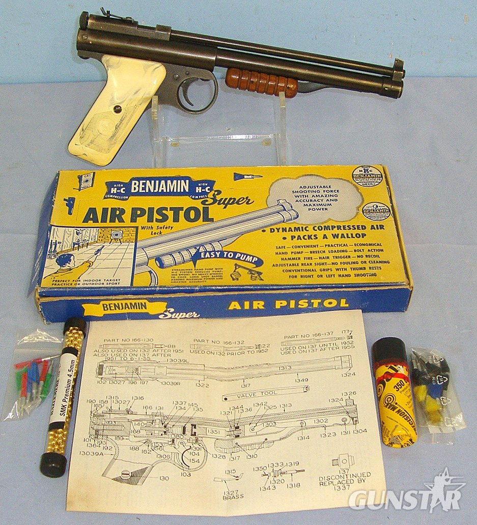 Boxed, C1970’s Benjamin Franklin USA Model 130 .177 Calibre BB Pneumatic High Compression Pump Action Single Shot Air Pistol With Original 1979 Dated Illustrated Owner’s Manual & A Selection Of .177 Calibre BB’s In Original Tubes & Darts. Sn 23450 air pistol .177 in 