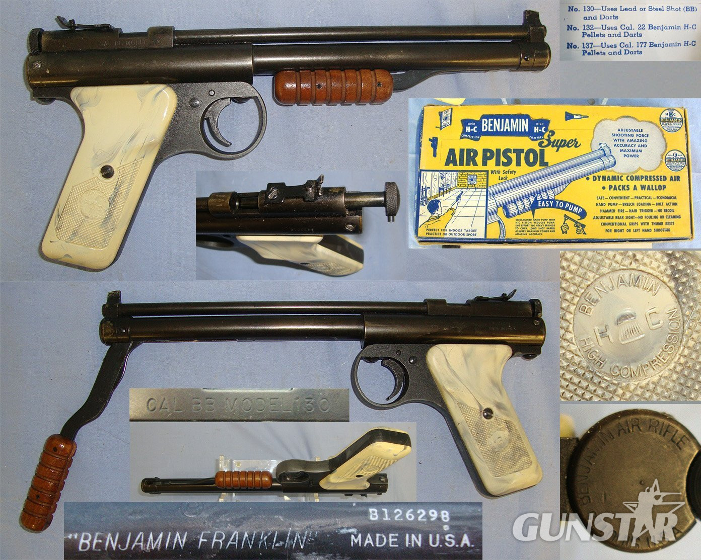 Boxed, C1970’s Benjamin Franklin USA Model 130 .177 Calibre BB Pneumatic High Compression Pump Action Single Shot Air Pistol With Original 1979 Dated Illustrated Owner’s Manual & A Selection Of .177 Calibre BB’s In Original Tubes & Darts. Sn 23450 air pistol .177