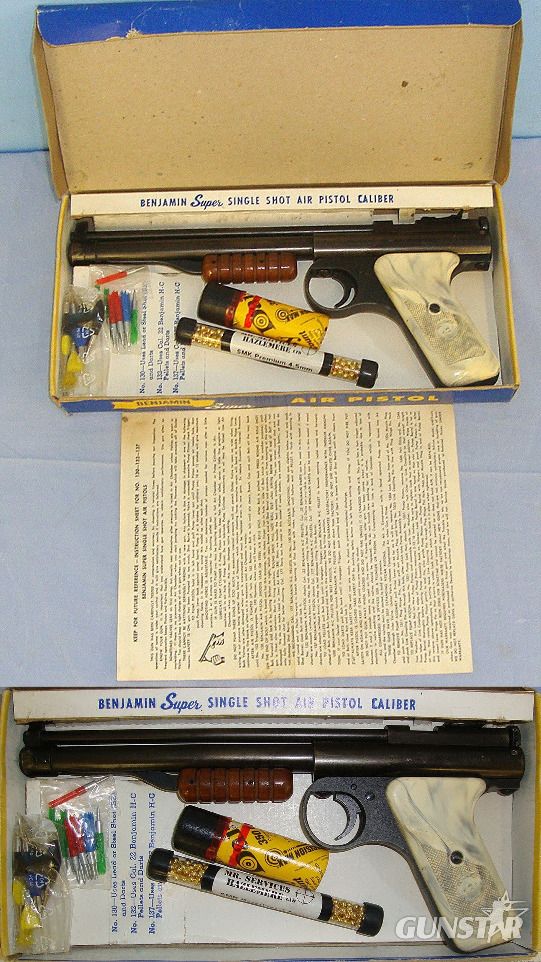  Boxed, C1970’s Benjamin Franklin USA Model 130 .177 Calibre BB Pneumatic High Compression Pump Action Single Shot Air Pistol With Original 1979 Dated Illustrated Owner’s Manual & A Selection Of .177 Calibre BB’s In Original Tubes & Darts. Sn 23450 air pistol .177