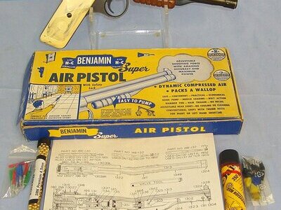 Boxed, C1970’s Benjamin Franklin USA Model 130 .177 Calibre BB Pneumatic High Compression Pump Action Single Shot Air Pistol With Original 1979 Dated Illustrated Owner’s Manual & A Selection Of .177 Calibre BB’s In Original Tubes & Darts. Sn 23450 air pistol .177
