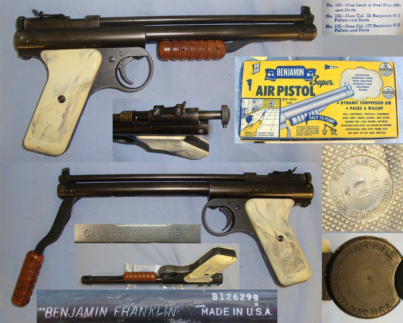 Boxed, C1970’s Benjamin Franklin USA Model 130 .177 Calibre BB Pneumatic High Compression Pump Action Single Shot Air Pistol With Original 1979 Dated Illustrated Owner’s Manual & A Selection Of .177 Calibre BB’s In Original Tubes & Darts. Sn 23450 air pistol .177