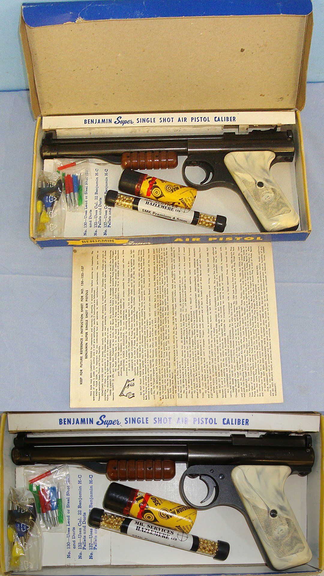  Boxed, C1970’s Benjamin Franklin USA Model 130 .177 Calibre BB Pneumatic High Compression Pump Action Single Shot Air Pistol With Original 1979 Dated Illustrated Owner’s Manual & A Selection Of .177 Calibre BB’s In Original Tubes & Darts. Sn 23450 air pistol .177