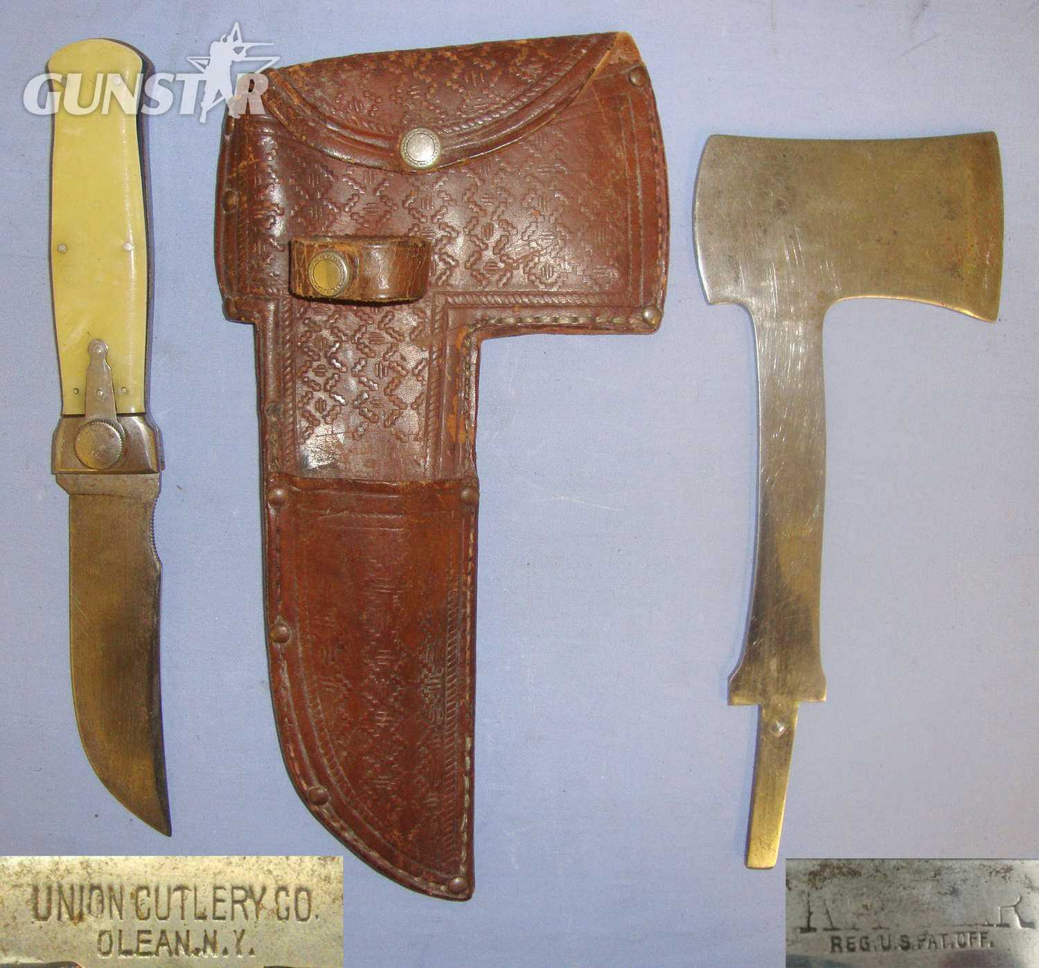 RARE** KA-BAR FIGHTING KNIFE CONNECTIONS** C1910 American Union Cutlery. Co. Olean, New York, Bowie Knife & KA-BAR Marked Hatchet Axe Combination With Interchangeable Blades & Correct Original Tooled Leather Scabbard. Sn 21033 Other Blade in 