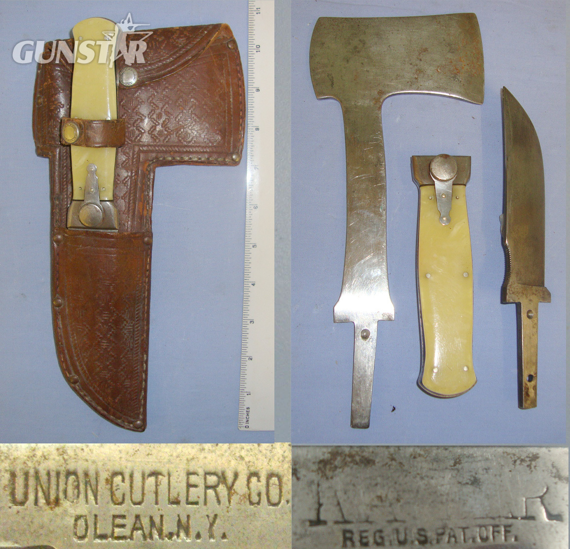 RARE** KA-BAR FIGHTING KNIFE CONNECTIONS** C1910 American Union Cutlery. Co. Olean, New York, Bowie Knife & KA-BAR Marked Hatchet Axe Combination With Interchangeable Blades & Correct Original Tooled Leather Scabbard. Sn 21033 Other Blade
