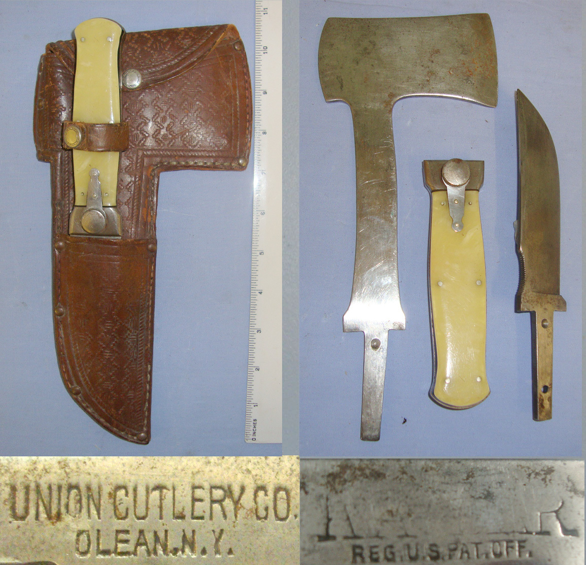 RARE** KA-BAR FIGHTING KNIFE CONNECTIONS** C1910 American Union Cutlery. Co. Olean, New York, Bowie Knife & KA-BAR Marked Hatchet Axe Combination With Interchangeable Blades & Correct Original Tooled Leather Scabbard. Sn 21033 Other Blade