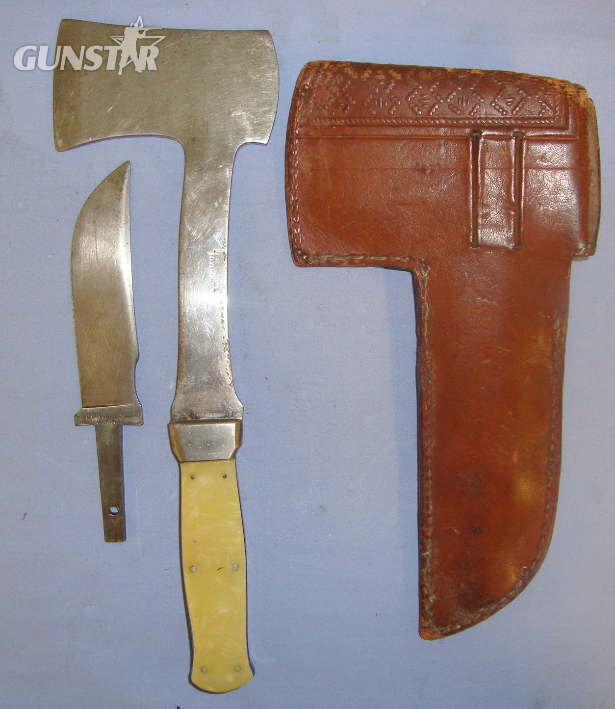  RARE** KA-BAR FIGHTING KNIFE CONNECTIONS** C1910 American Union Cutlery. Co. Olean, New York, Bowie Knife & KA-BAR Marked Hatchet Axe Combination With Interchangeable Blades & Correct Original Tooled Leather Scabbard. Sn 21033 Other Blade