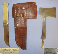 RARE** KA-BAR FIGHTING KNIFE CONNECTIONS** C1910 American Union Cutlery. Co. Olean, New York, Bowie Knife & KA-BAR Marked Hatchet Axe Combination With Interchangeable Blades & Correct Original Tooled Leather Scabbard. Sn 21033 Other Blade