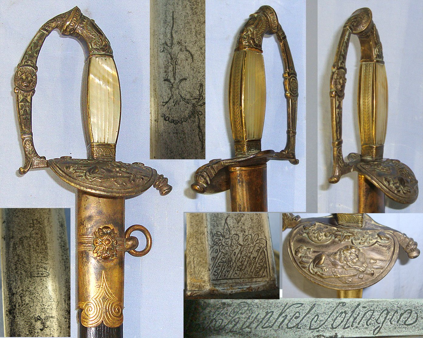 C1780-1820 Napoleonic Wars Era Continental Officer’s Small / Court Sword With Gilt Brass & Mother Of Pearl Hilt, German J.J. Runkel Solingen Blade & Scabbard. Sn 23473:2 Sword