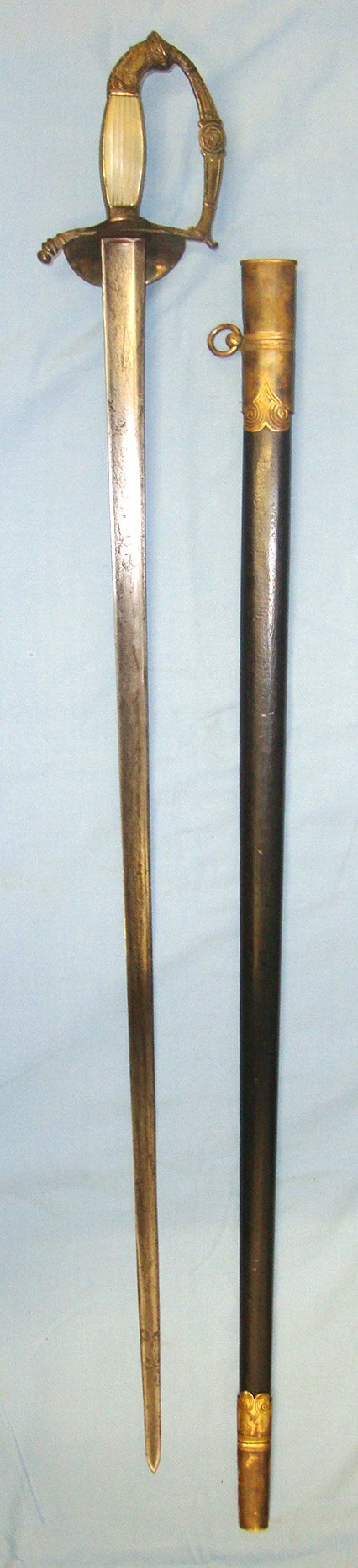  C1780-1820 Napoleonic Wars Era Continental Officer’s Small / Court Sword With Gilt Brass & Mother Of Pearl Hilt, German J.J. Runkel Solingen Blade & Scabbard. Sn 23473:2 Sword