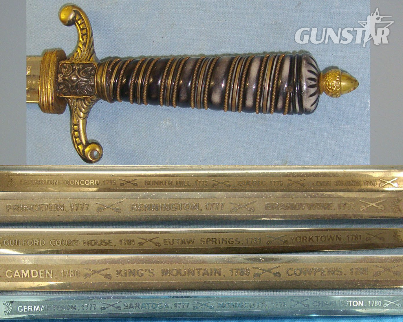 1970’s 200 YEAR ANNIVERSARY COMMEMORATIVE**American Revolutionary War Wilkinson Sword London Small Sword With Etched Battle Site Names & Dates Blade. ED 2476 Sword