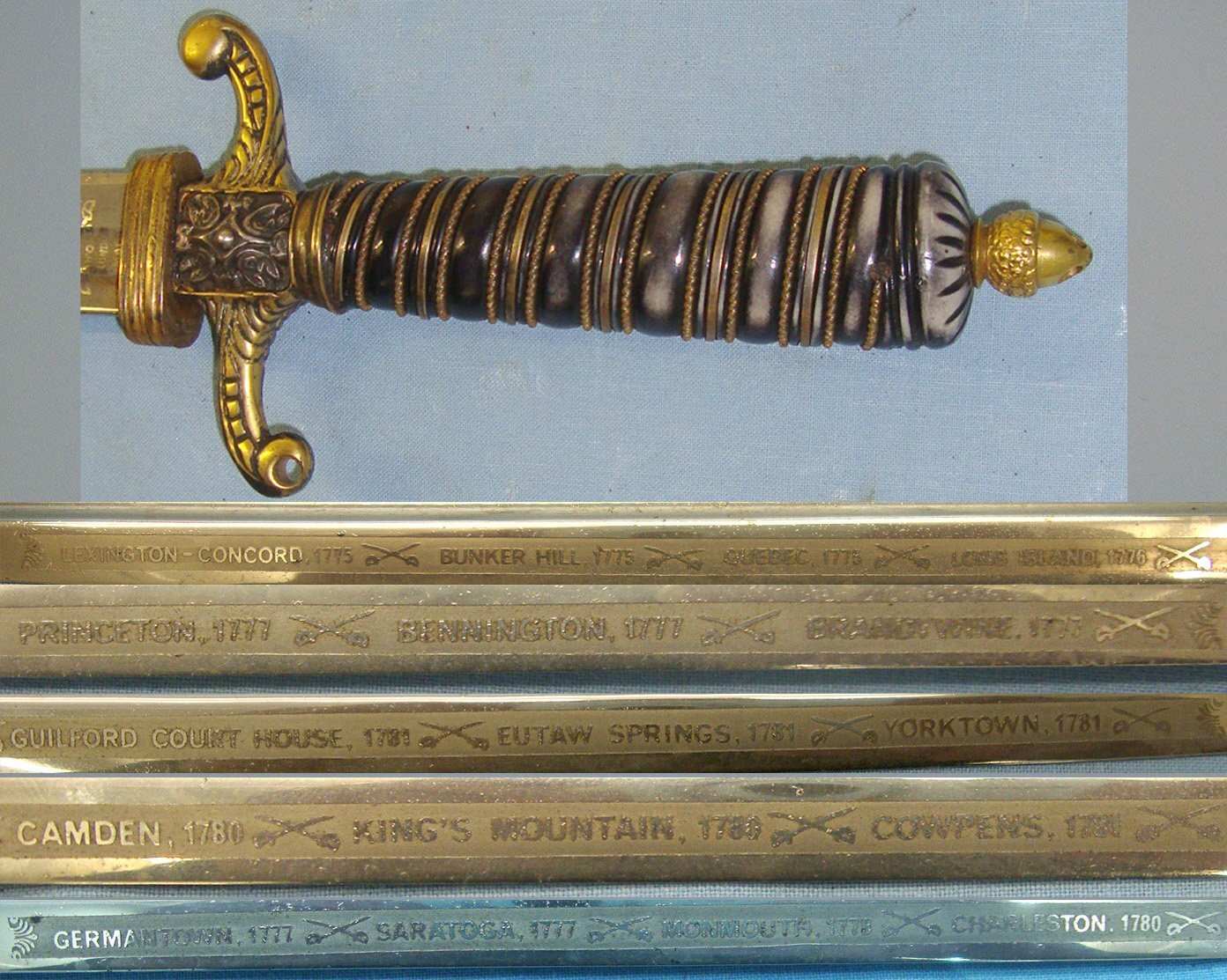 1970’s 200 YEAR ANNIVERSARY COMMEMORATIVE**American Revolutionary War Wilkinson Sword London Small Sword With Etched Battle Site Names & Dates Blade. ED 2476 Sword