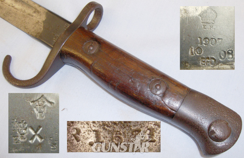 Early* British 1907 Hooked Quillon Bayonet, scabbard and Frog. BAYO 422. Bayonet