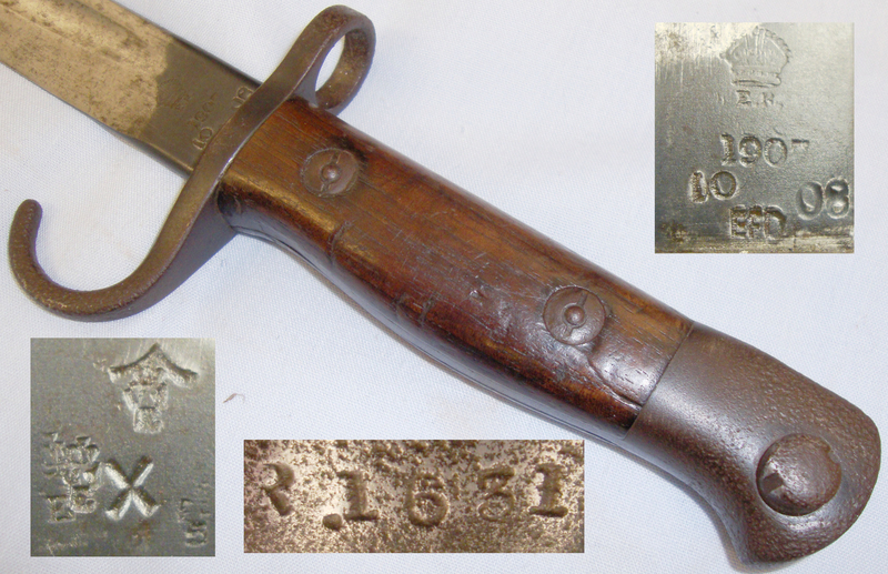 Early* British 1907 Hooked Quillon Bayonet, scabbard and Frog. BAYO 422. Bayonet
