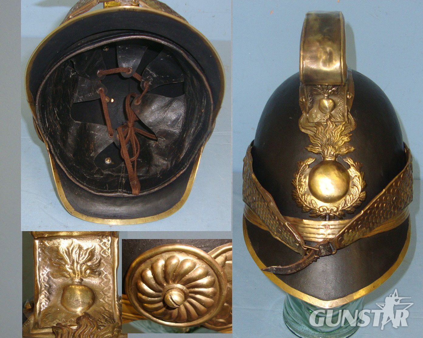 Early 19th Century French Pompiers Fire Fighter’s Brass Helmet With Original Black Painted Skull, Ignited Grenade Helmet Plate, Link Chin Strap & Leather Liner. Sn 22306  Antique & Militaria