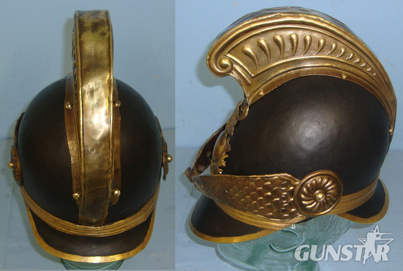  Early 19th Century French Pompiers Fire Fighter’s Brass Helmet With Original Black Painted Skull, Ignited Grenade Helmet Plate, Link Chin Strap & Leather Liner. Sn 22306  Antique & Militaria