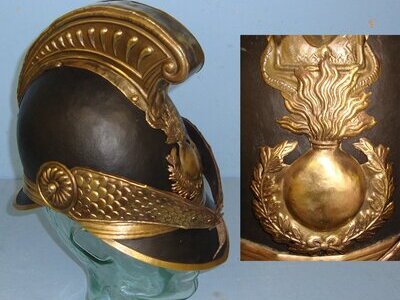 Early 19th Century French Pompiers Fire Fighter’s Brass Helmet With Original Black Painted Skull, Ignited Grenade Helmet Plate, Link Chin Strap & Leather Liner. Sn 22306  Antique & Militaria