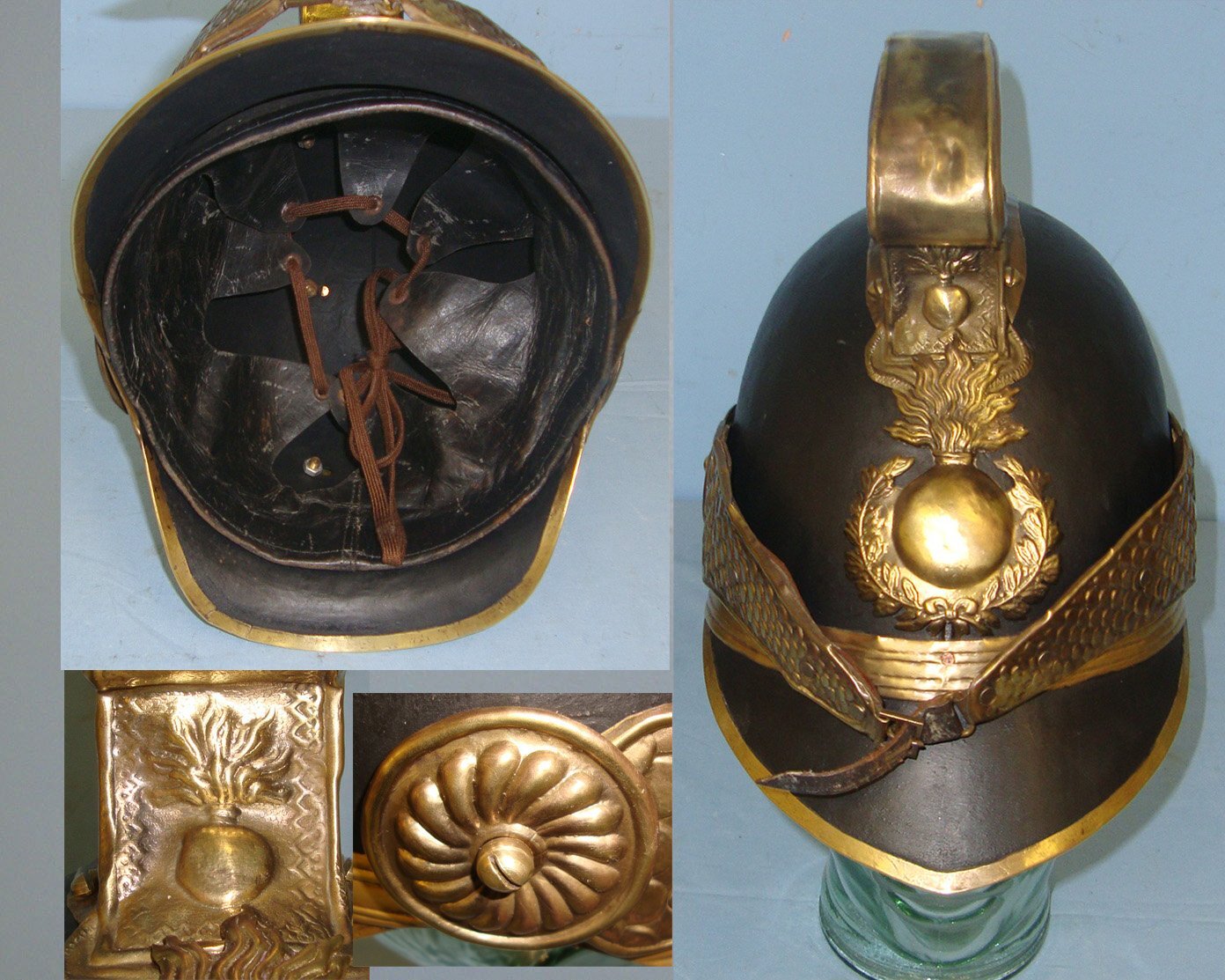 Early 19th Century French Pompiers Fire Fighter’s Brass Helmet With Original Black Painted Skull, Ignited Grenade Helmet Plate, Link Chin Strap & Leather Liner. Sn 22306  Antique & Militaria