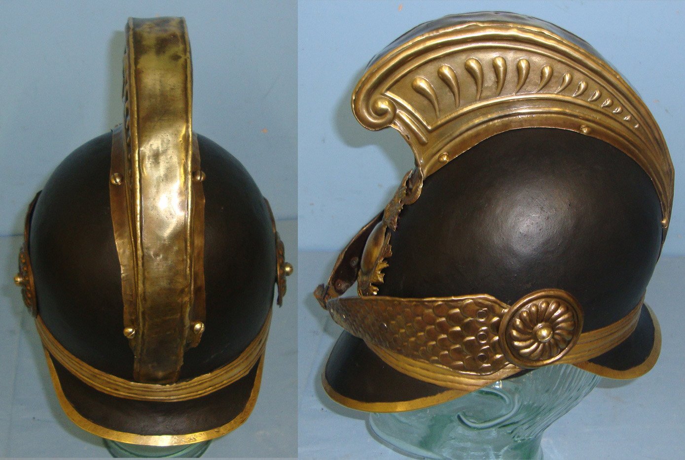  Early 19th Century French Pompiers Fire Fighter’s Brass Helmet With Original Black Painted Skull, Ignited Grenade Helmet Plate, Link Chin Strap & Leather Liner. Sn 22306  Antique & Militaria