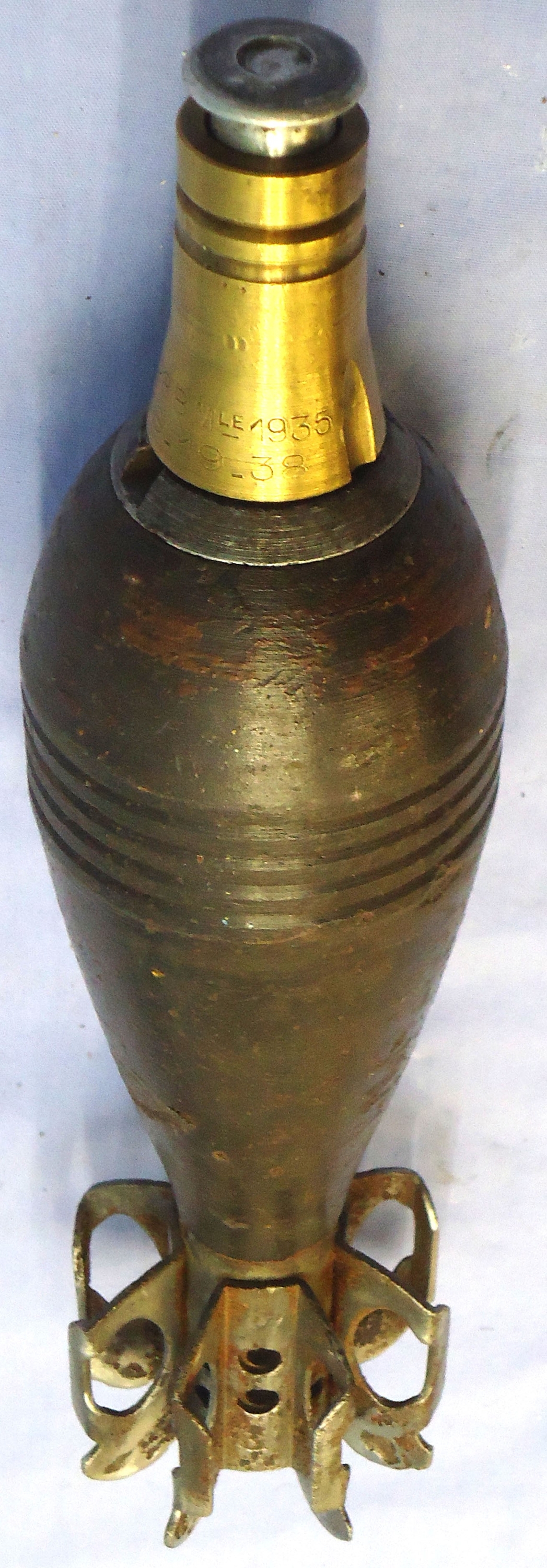 DEACTIVATED INERT. French, 1938 Dated, Unfired Brandt Mle 35 60mm High Explosive (HE) Mortor. - O 2022 DEACTIVATED INERT. French, 1938 Dated, Unfired Brandt Mle 35 60mm High Explosive (HE) Mortor. - O 2022  Other Ammunition - {CATEGORY}