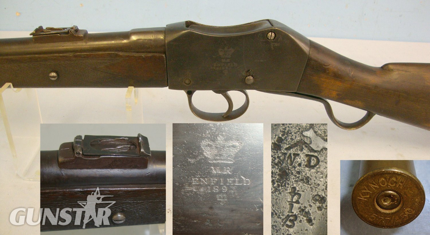 MINT BORE**RARE**British WD MK 1, 'I.C.1.' (1st Issue Pattern Cavalry MK 1) .577x .450, Enfield 1897 Cavalry Carbine Period Re-Barrelled At Enfield With Henry Rifling & 1 Inert Deactivated Kynoch .577 x.450 Round. A 595 martini henry Single Shot .577/450 Martini-Henry Rifle in 