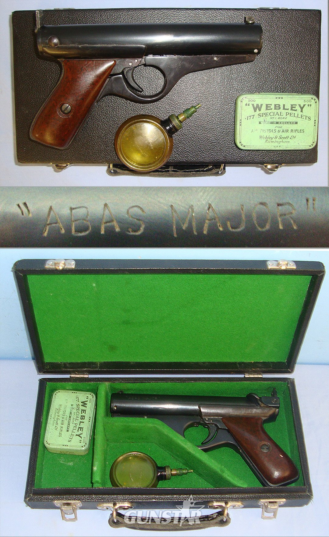 VERY RARE** ONE OF 2000**Cased, 1946 -1949, British Abas Major 2nd Type (A.A. Brown & Sons) .177 Calibre Air Pistol With Correct Smooth Brown Plastic Grips & Accessories. Sn 23484:24 air pistol .177