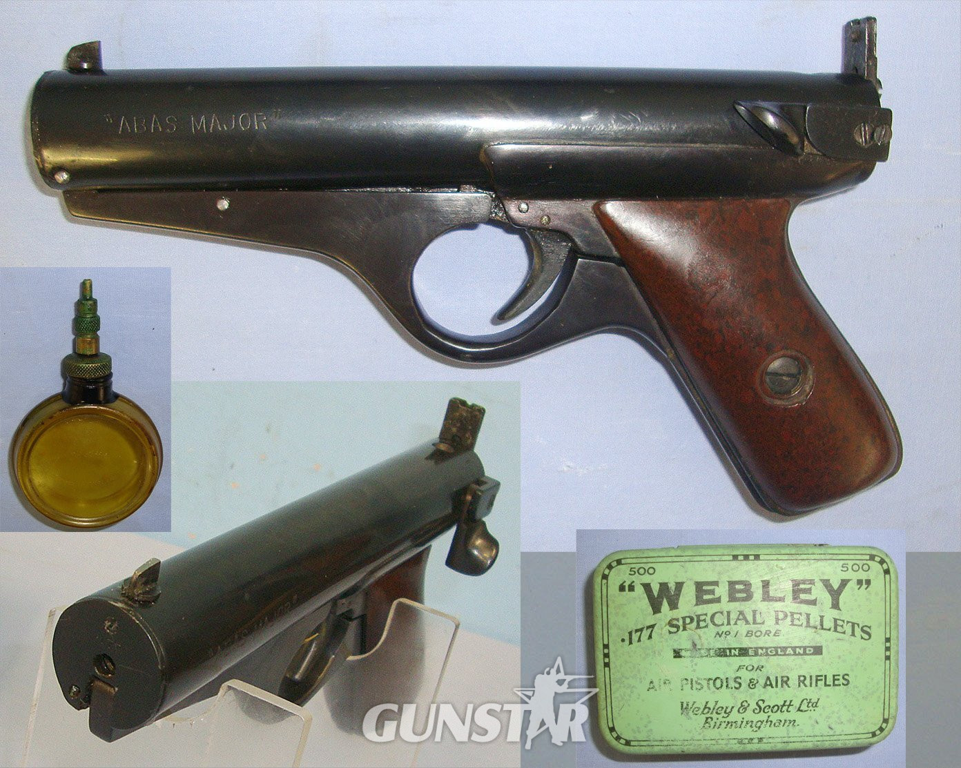  VERY RARE** ONE OF 2000**Cased, 1946 -1949, British Abas Major 2nd Type (A.A. Brown & Sons) .177 Calibre Air Pistol With Correct Smooth Brown Plastic Grips & Accessories. Sn 23484:24 air pistol .177