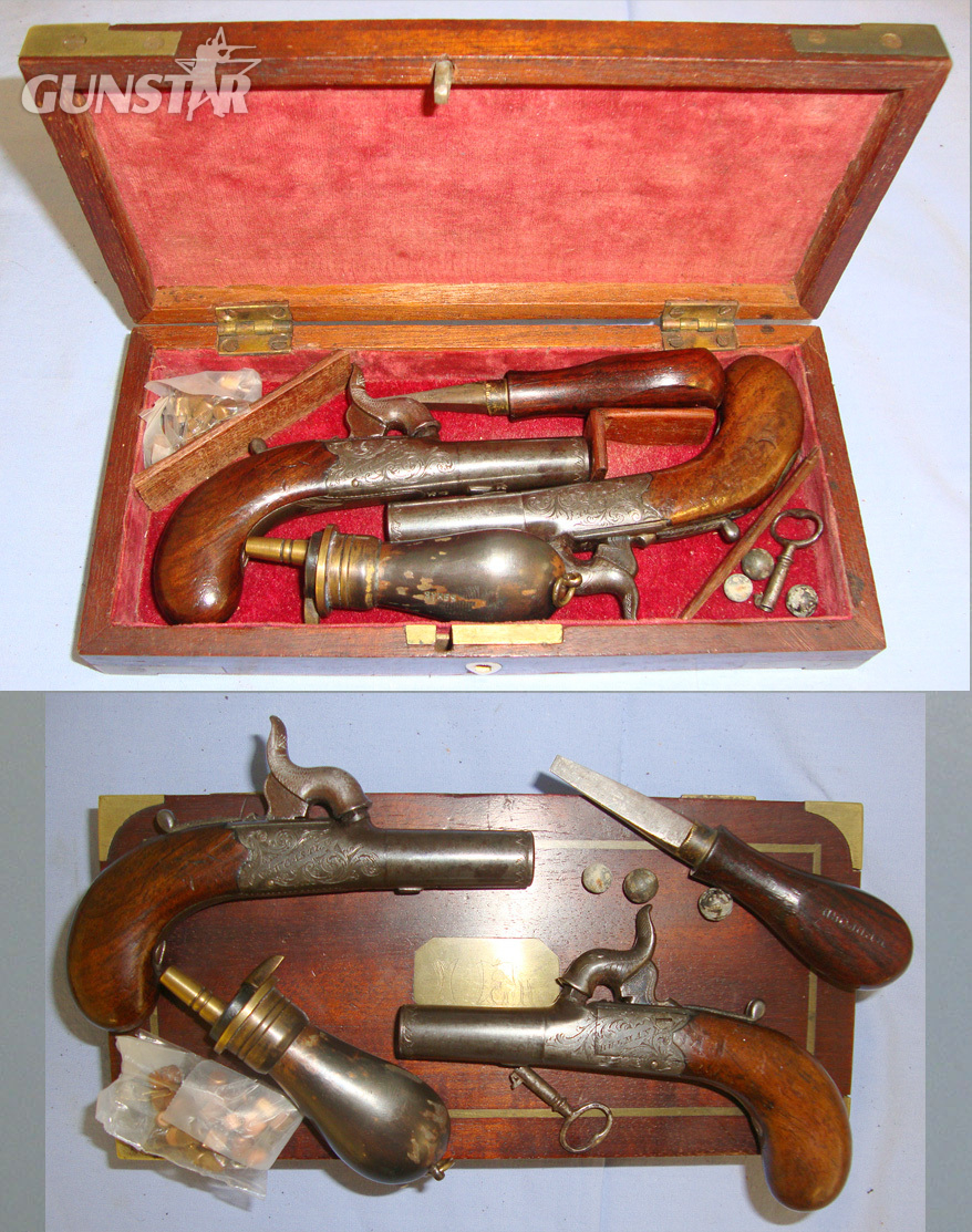  SUPERB**SMALL**C1820 Cased Pair Of English Thomas Bulman Newcastle Upon Tyne 120 Bore Percussion Ladies Traveling Pistols With English Proofs, Turn Off Barrels & Accessories. Sn 20958 None Muzzleloader