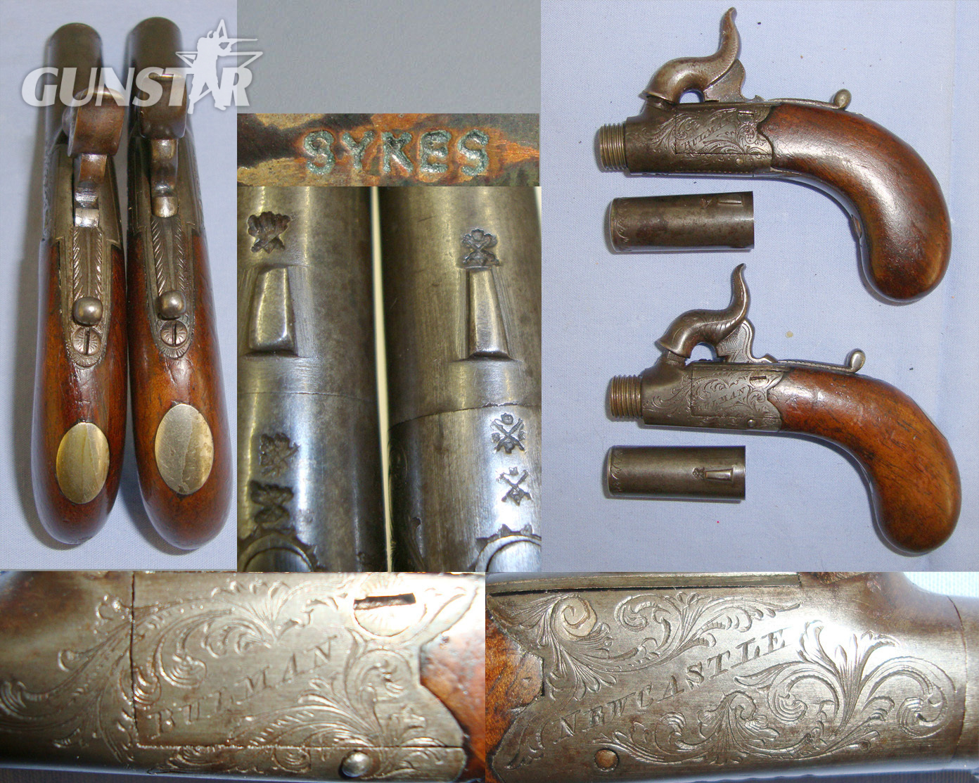 SUPERB**SMALL**C1820 Cased Pair Of English Thomas Bulman Newcastle Upon Tyne 120 Bore Percussion Ladies Traveling Pistols With English Proofs, Turn Off Barrels & Accessories. Sn 20958 None Muzzleloader
