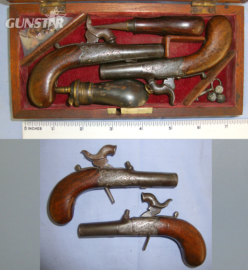 SUPERB**SMALL**C1820 Cased Pair Of English Thomas Bulman Newcastle Upon Tyne 120 Bore Percussion Ladies Traveling Pistols With English Proofs, Turn Off Barrels & Accessories. Sn 20958 None Muzzleloader in 