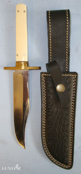 Fred James Sheffield Hand Made \'The Americans Pride\' Bowie Knife With Etched Blade, Ivorine Grips With Mother Of Pearl Inlays & Sheath. Sn 11959. Hunting Knive in 