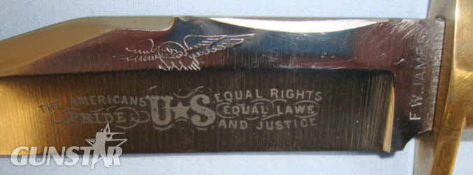 Fred James Sheffield Hand Made \'The Americans Pride\' Bowie Knife With Etched Blade, Ivorine Grips With Mother Of Pearl Inlays & Sheath. Sn 11959. Hunting Knive