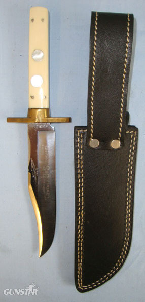  Fred James Sheffield Hand Made \'The Americans Pride\' Bowie Knife With Etched Blade, Ivorine Grips With Mother Of Pearl Inlays & Sheath. Sn 11959. Hunting Knive