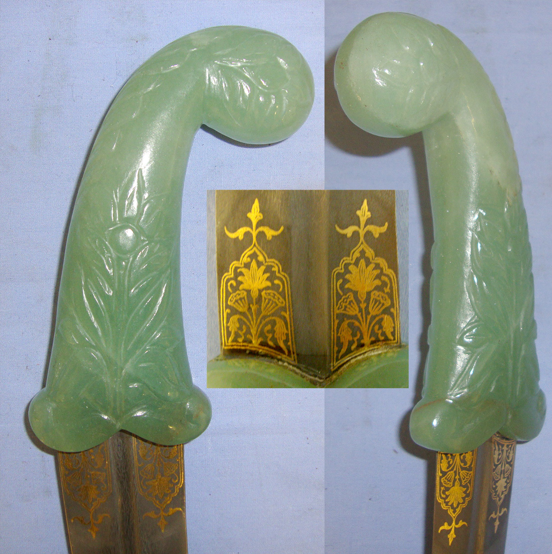 19th Century Indian Mughal Khanjar Dagger With Gold Inlaid Panels, Serpentine Blade & Foliate Carved Jade Hilt. Sn 21035 Dagger