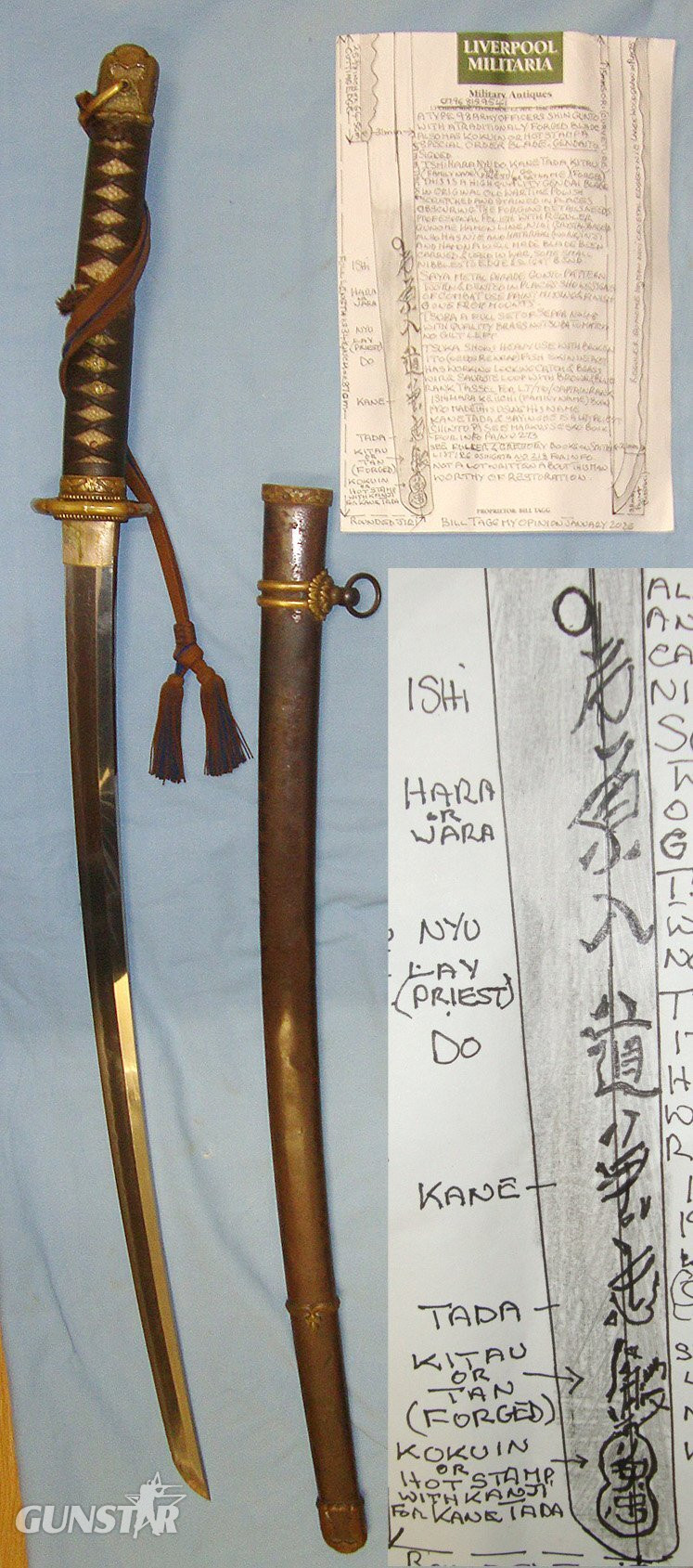 GENDAITO HAND FORGED SPECIAL ORDER BLADE** WW2 Era Japanese Army Officer’s Type 98 Shin Gunto Sword Lay Priest Smith Signed ‘Ishi Hara Nyu Do Kane Tada Kitau’ Rank Tassel, Scabbard & Expert Assessment. Sn 23174:33 Sword in 
