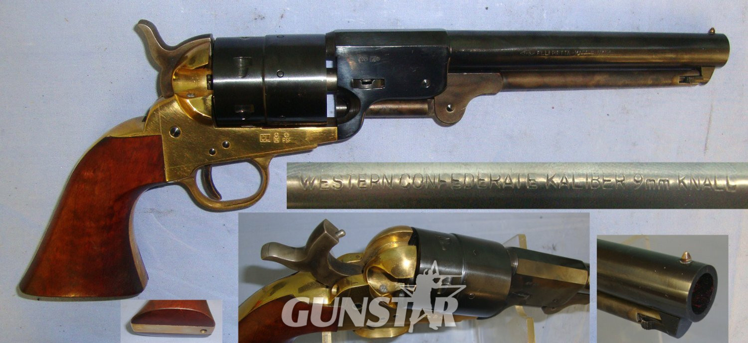QUALITY**Pietta Western Confederate (American Colt M1851 Navy) Downward Venting 9mm Blank Firing 6 Shot Single Action Revolver With Brass Frame, Colour Case Hardened Loading Lever & Hammer. Sn 22643:29 9mm Revolver in 
