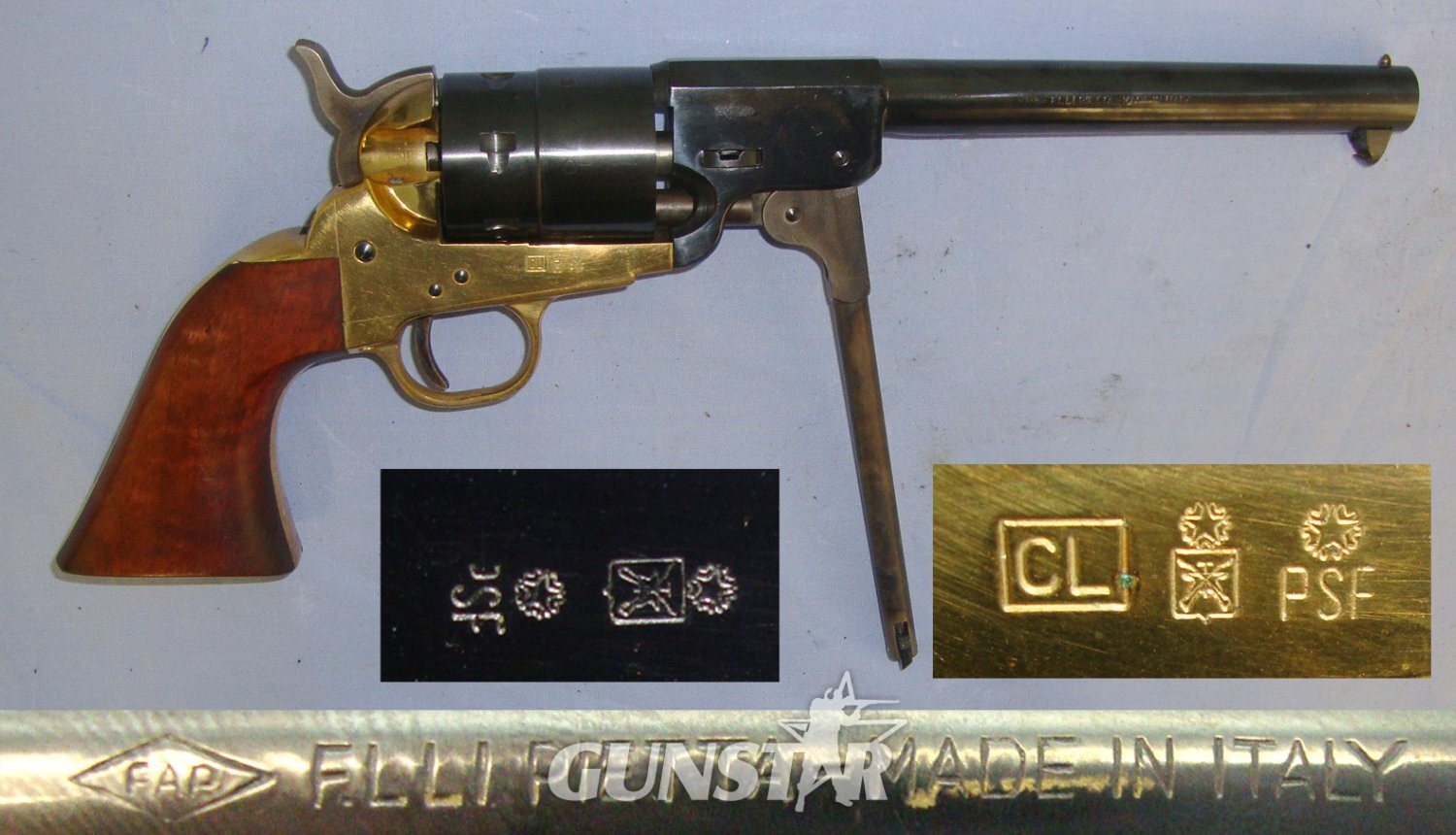 QUALITY**Pietta Western Confederate (American Colt M1851 Navy) Downward Venting 9mm Blank Firing 6 Shot Single Action Revolver With Brass Frame, Colour Case Hardened Loading Lever & Hammer. Sn 22643:29 9mm Revolver